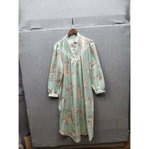 Vintage Mint Green Floral Nightgown With Lace Detail & Bow Long Sleeves Button F